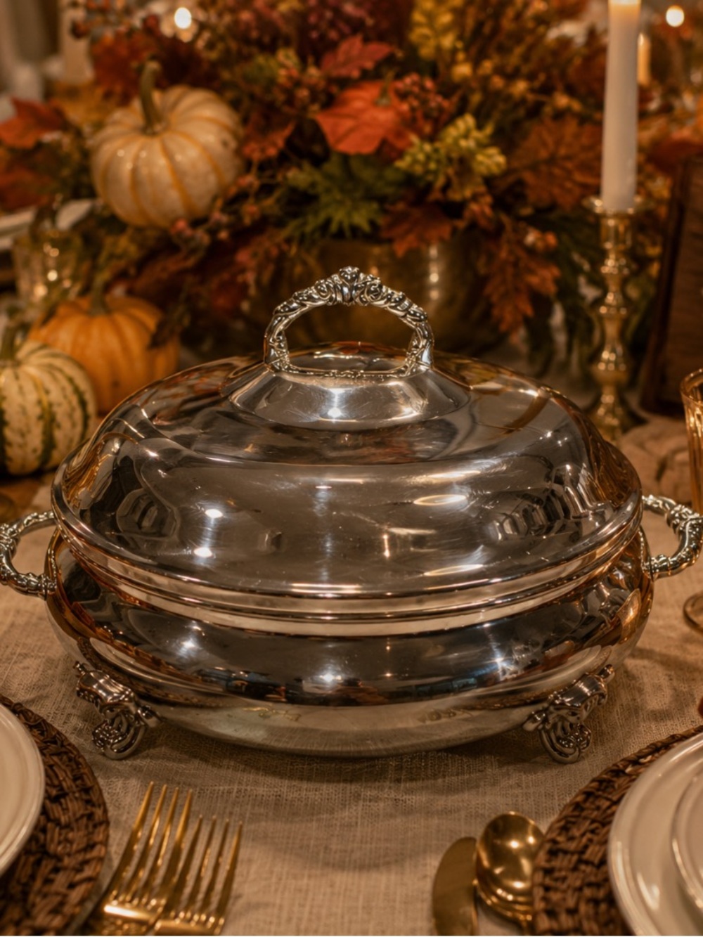 Vintage STERLING SILVER Covered Serving Dish with Ornate Handles